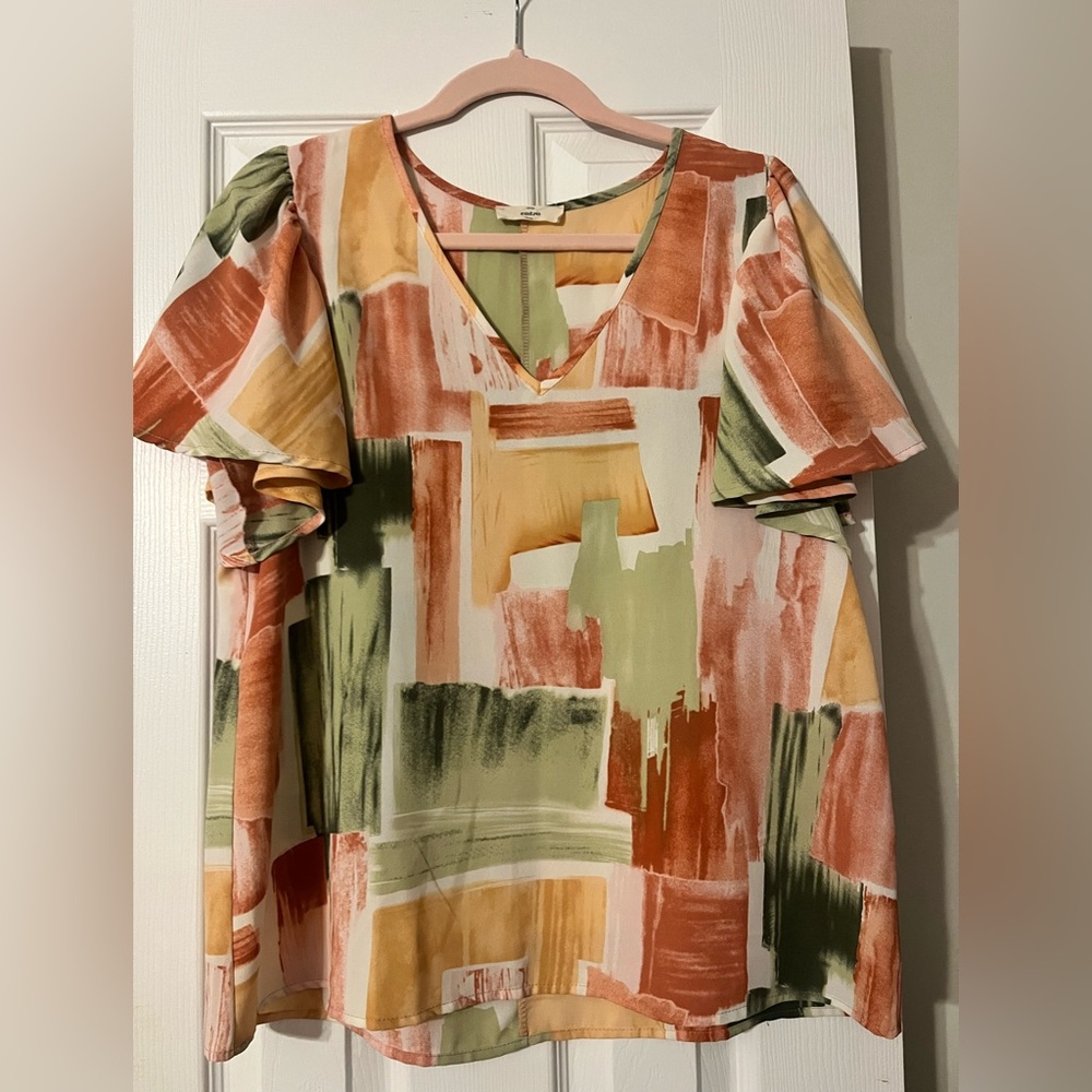 Entro Orange and Green Boxy Short Sleeve Blouse